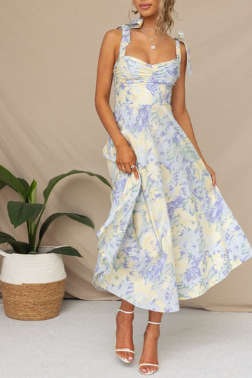 Yellow Blue Flower A Line Square Neck Long Summer Dress